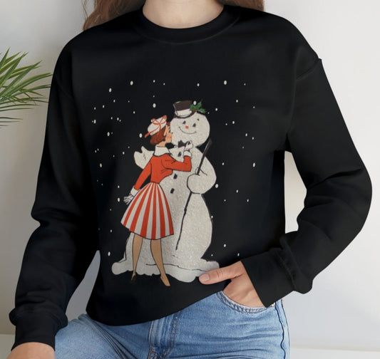 Vintage Lady with Snowman Adult Sweatshirt