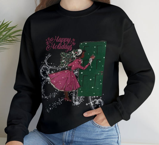 Vintage Happy Holidays Lady  Adult Sweatshirt