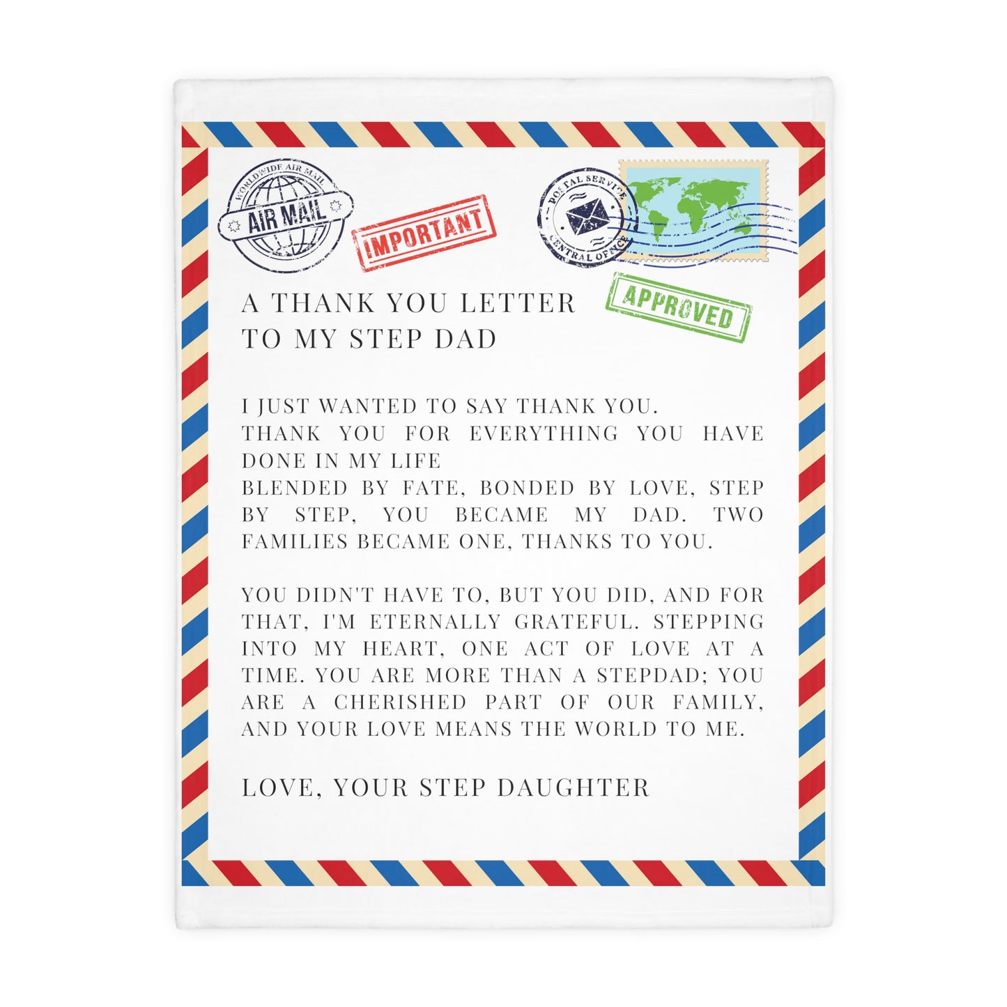 Letter To Step Dad, From Step Daughter  Velveteen Minky Blanket