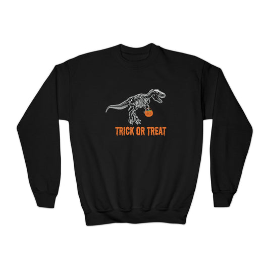 T rex Trick or Treat Youth Sweatshirt - Deeg Family Design