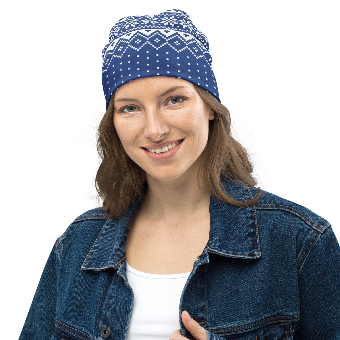 Blue Fair Isle All-Over Print Beanie