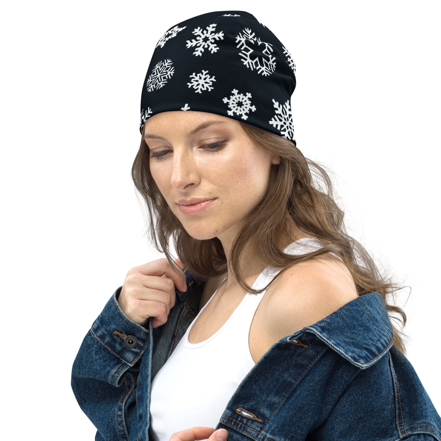 Navy Snowflake All-Over Print Beanie