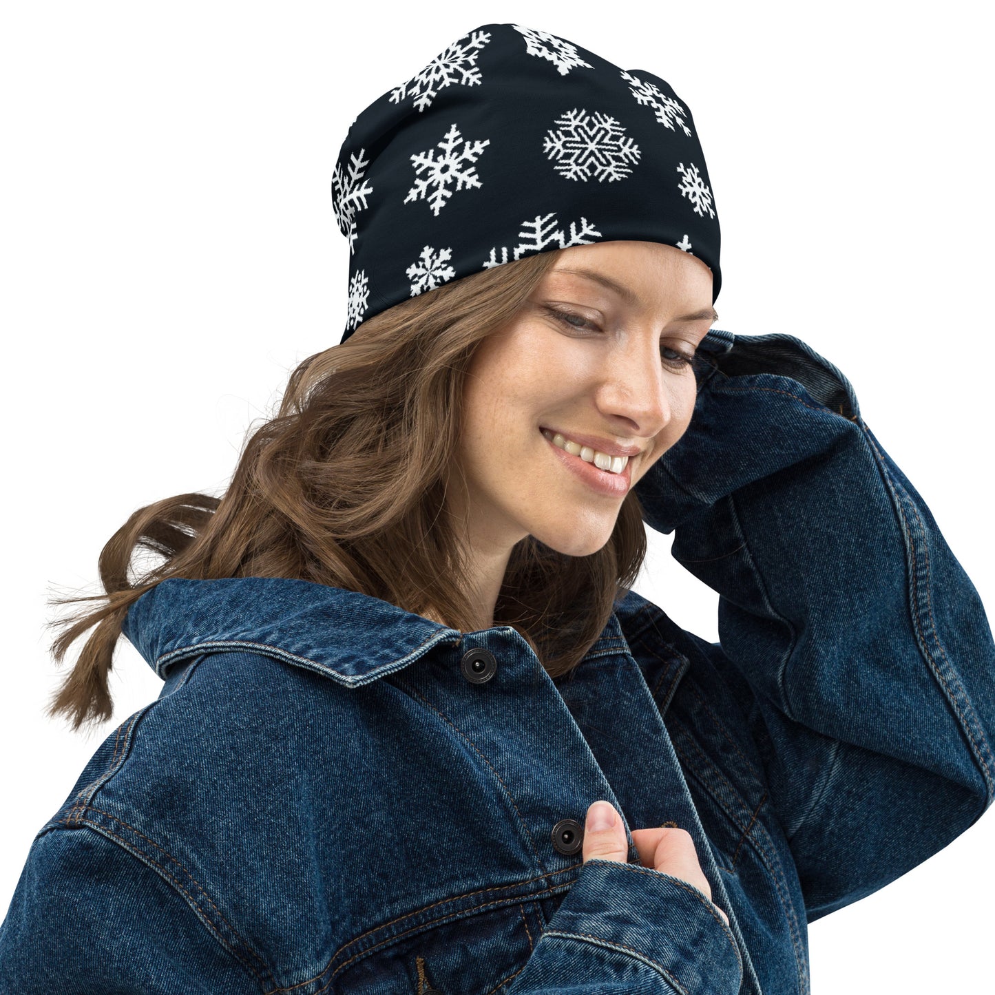 Navy Snowflake All-Over Print Beanie