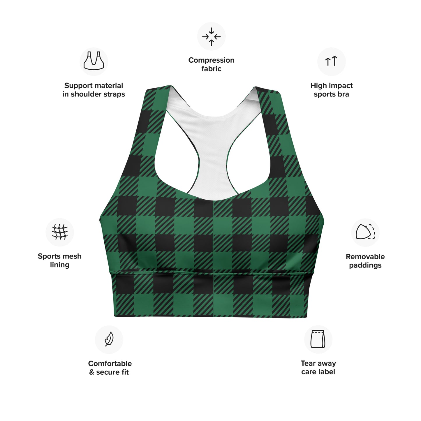 Green Buffalo Plaid Longline sports bra