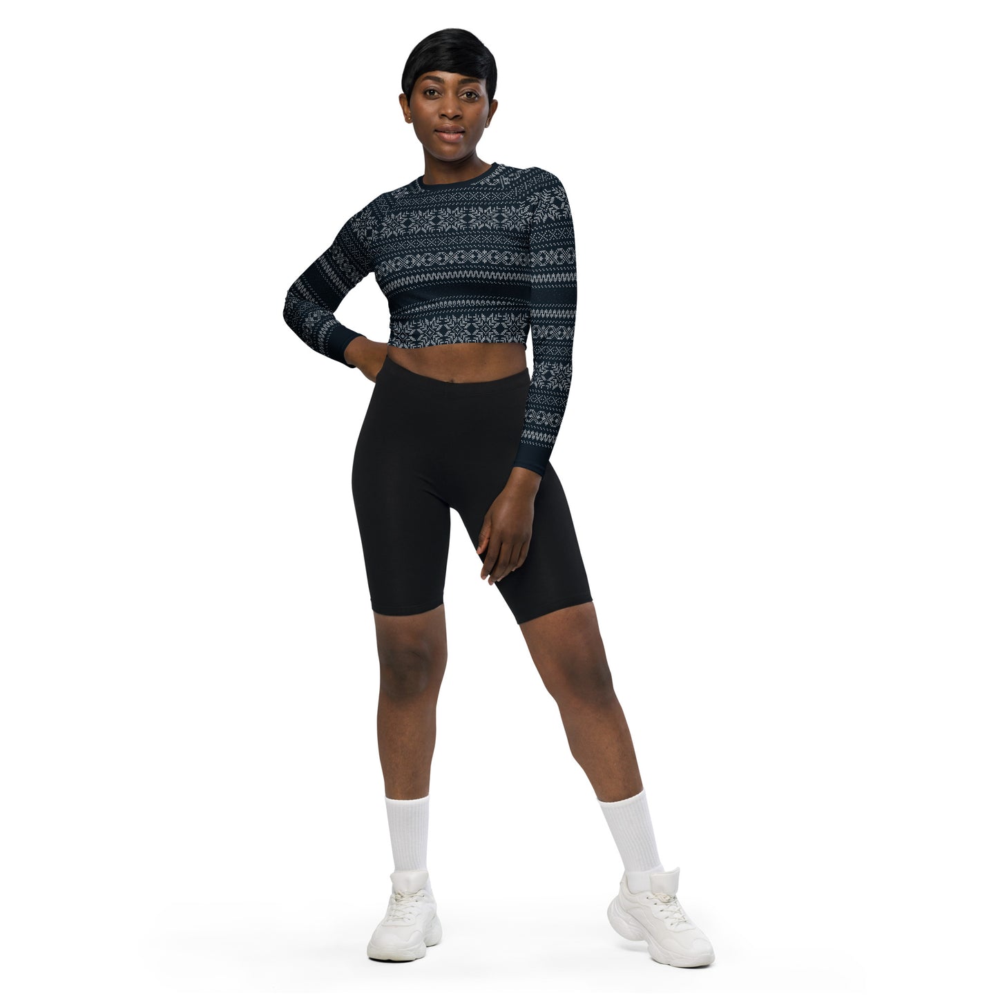 Navy Fair Isle Recycled long-sleeve crop top